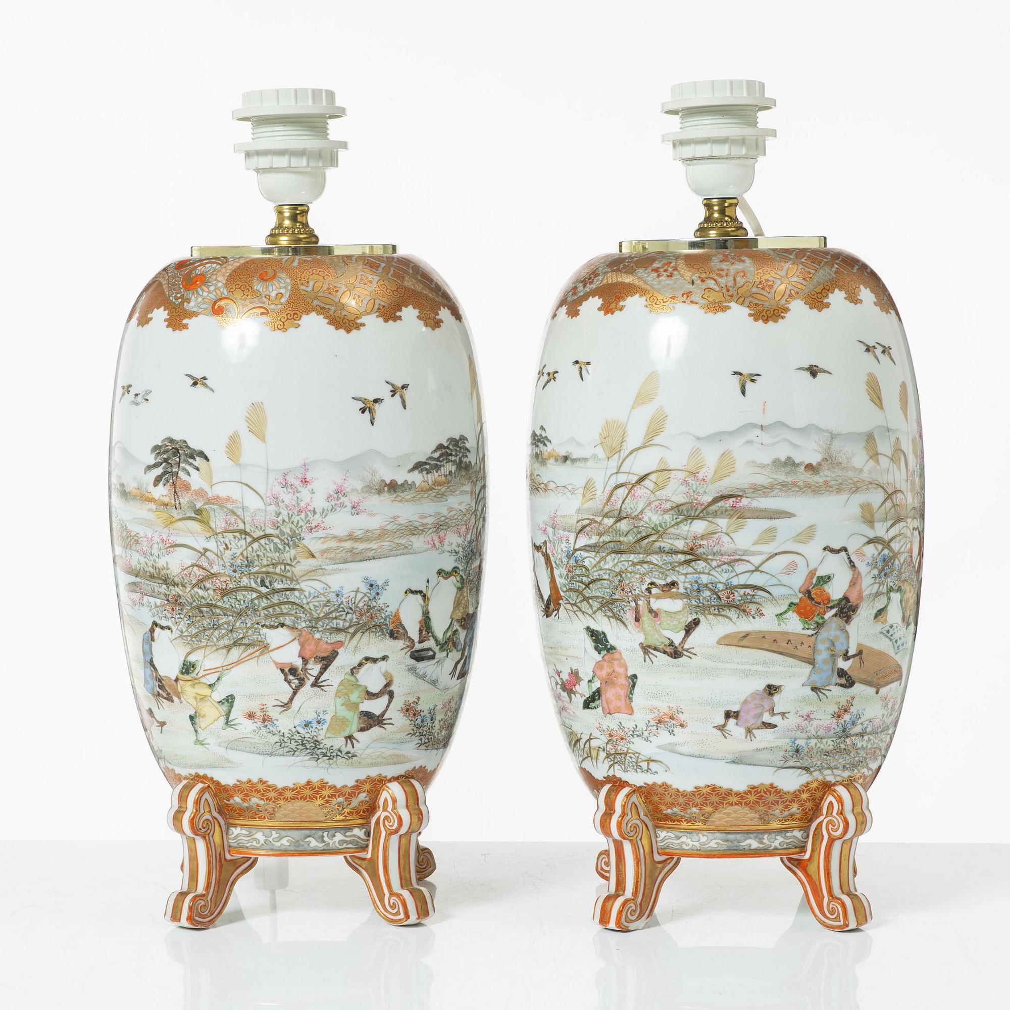 Bordslampor, ett par, porslin, Kutani, Watatani, Japan, 1900-tal.