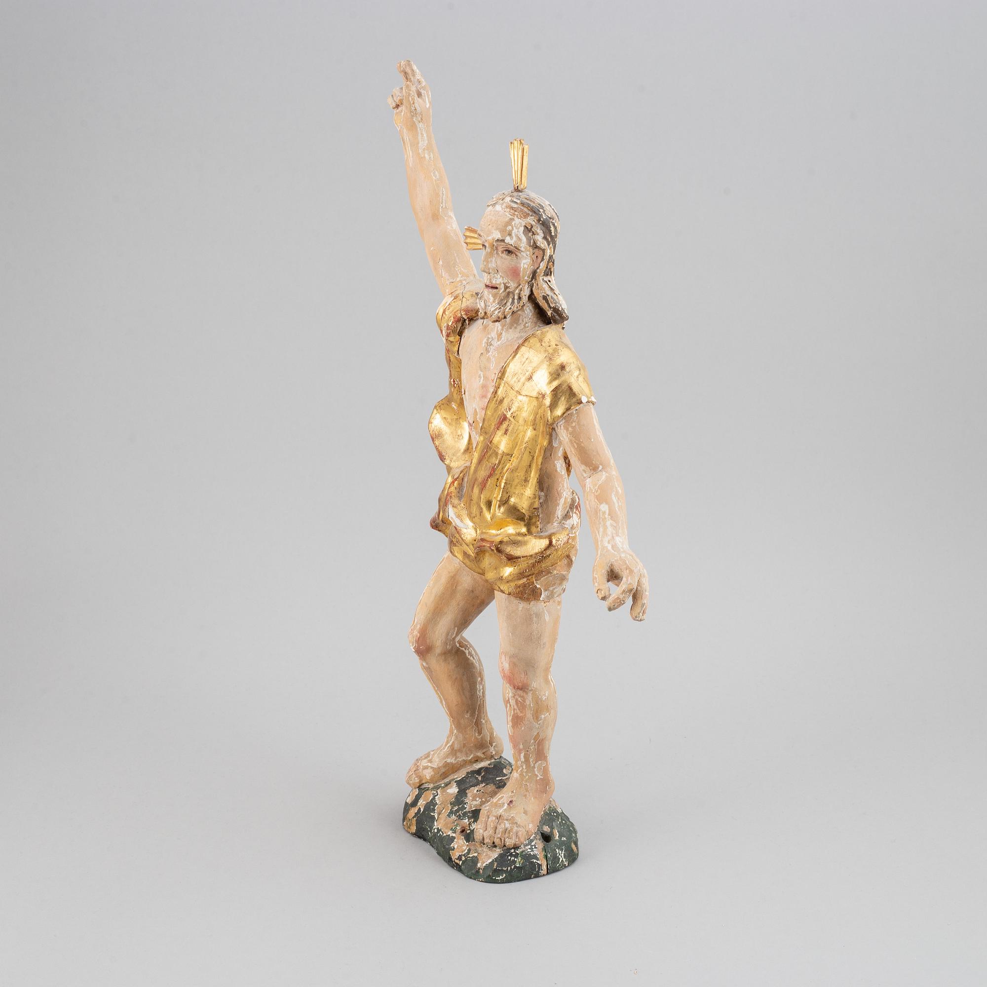 TRÄFIGUR, snidat och bemålat/förgyllt trä, 1700-tal.