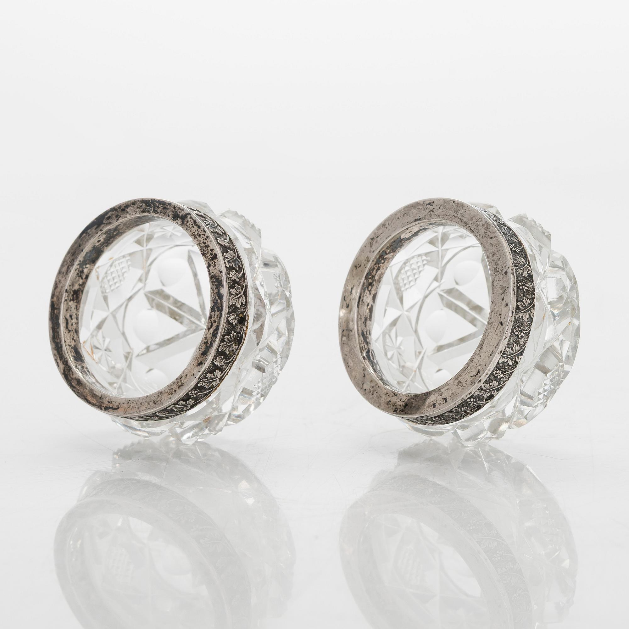 A set of six Estonian glass and silver salt cellars, maker's mark of Hirsch Markowitsch, Tallinn 1922-39.