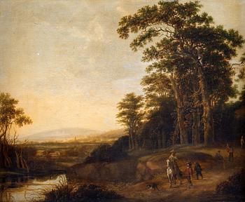 332. Jan Wils Circle of, Extensive landscape with hunting company.