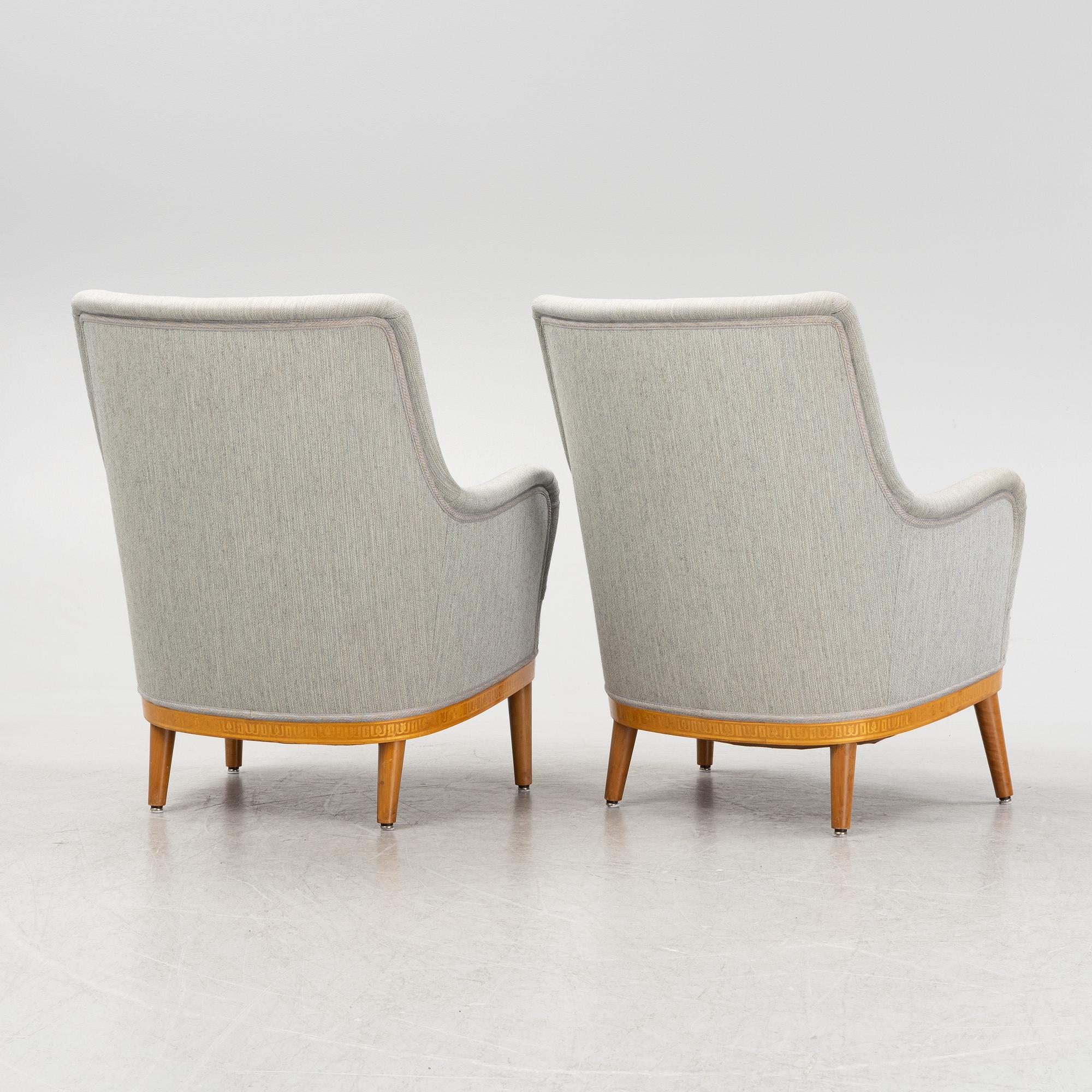 Carl Malmsten, attributed to. A pair of inlay easy chairs, mid 20th Century.