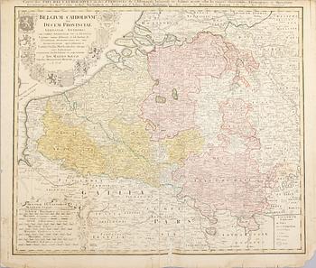 KARTOR, 3 st, kolorerade kopparstick, Belgien, 1700-tal.