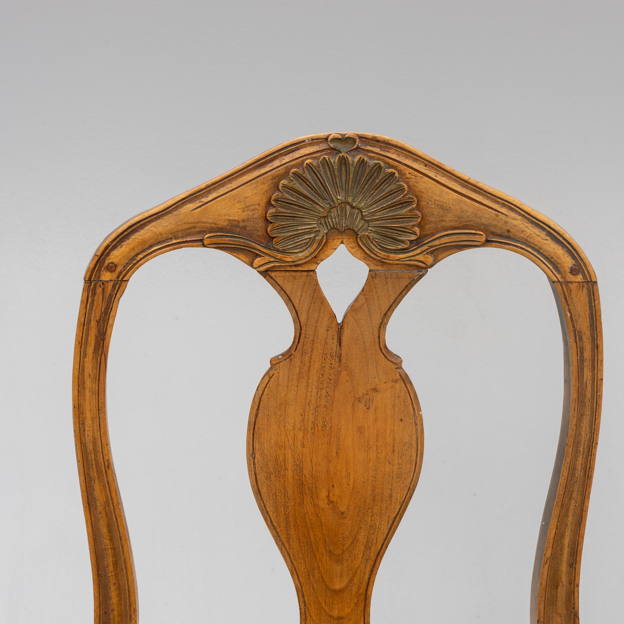 A set of six similar rococo chairs, 18th century.