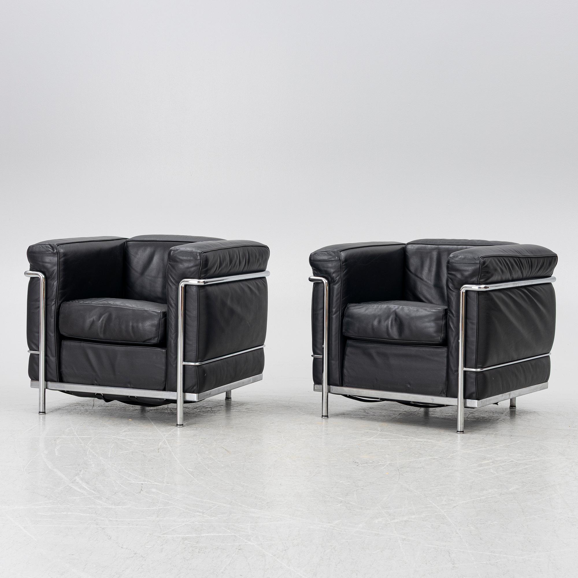 Le Corbusier (Charles-Édouard Jeanneret), Pierre Jeanneret, Charlotte Perriand & Le Corbusier, a pair of 'LC2' armchairs, Cassina.