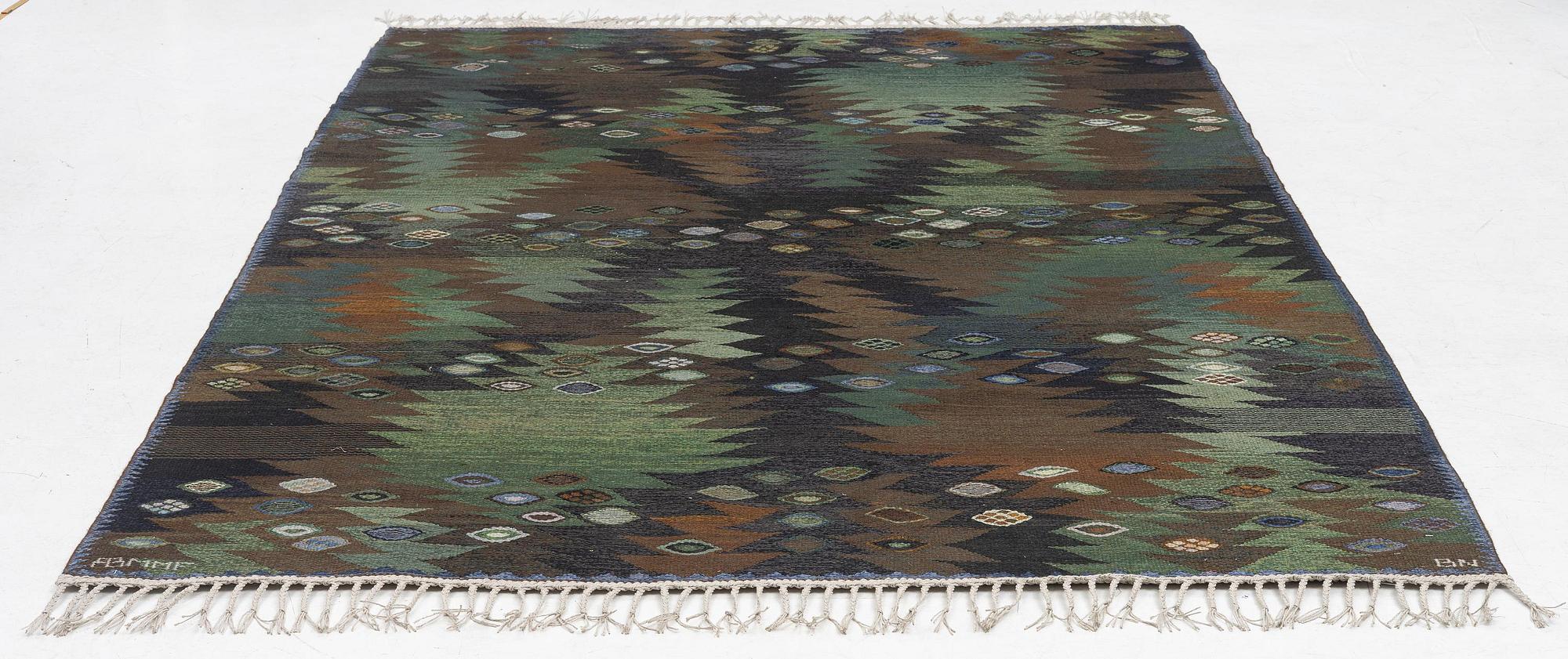 Barbro Nilsson, a carpet, 'Tånga brun och grön', tapestry weave, c. 286 x 186 cm, signed AB MMF BN.