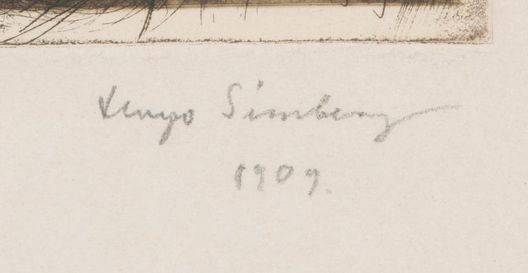 Hugo Simberg, viivasyövytys, laattasigneerattu sekä signeerattu ja päivätty 1909 lyijykynällä.