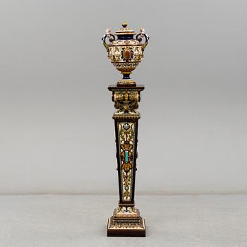 A majolica lidded vase and pedestal, Rörstrand, late 19th century.