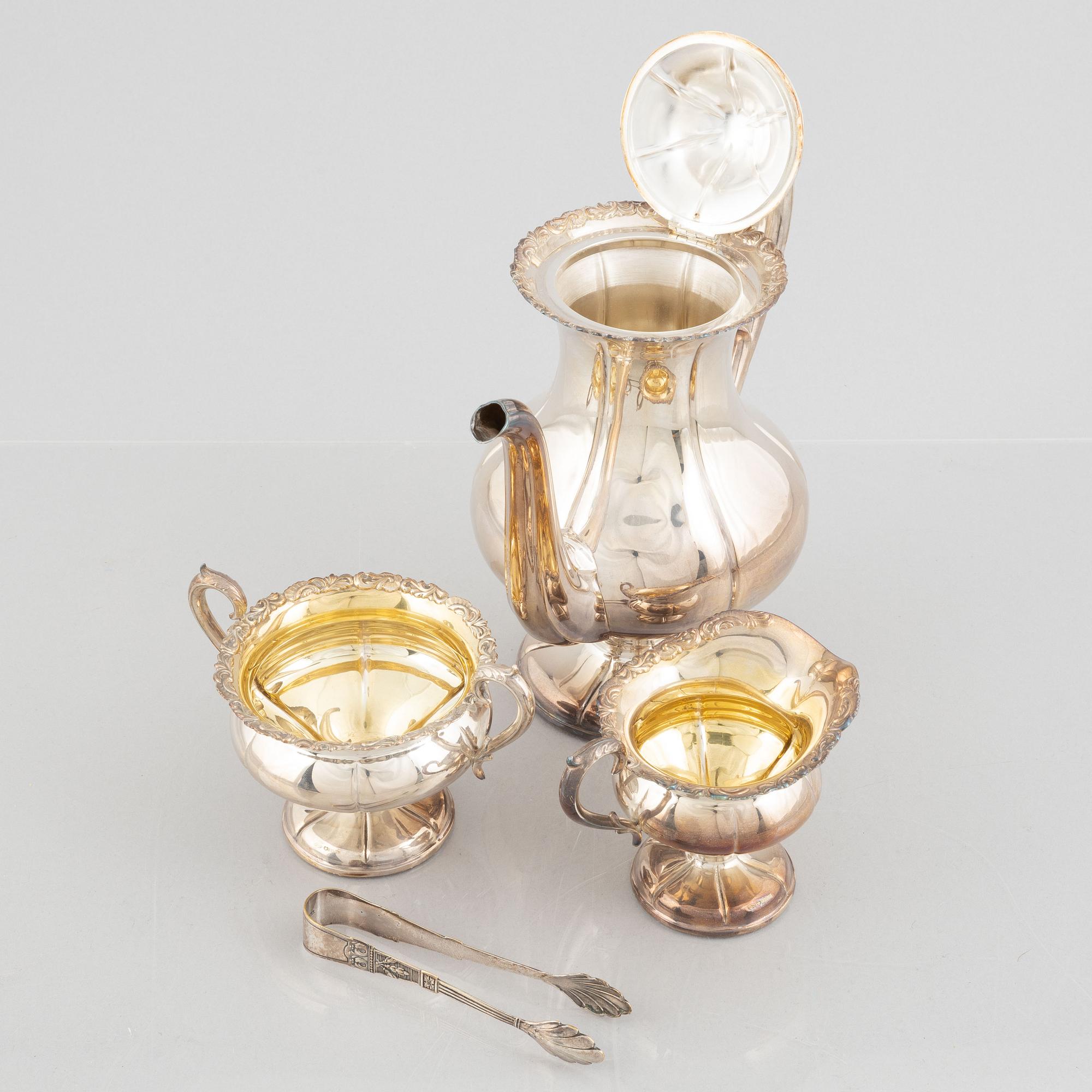 A three-piece Rococo style silver coffee set, Kultakeskus Oy, Tavastehus, Finland, 1973.