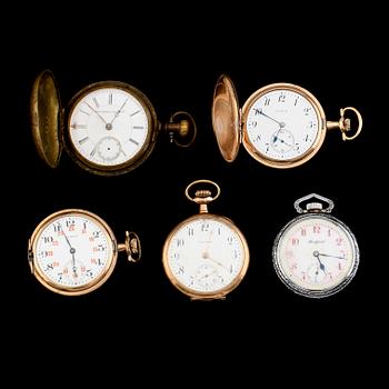 FICKUR, 5 st, doublé och vitmetall, bla Waltham, 1900-talets första hälft.