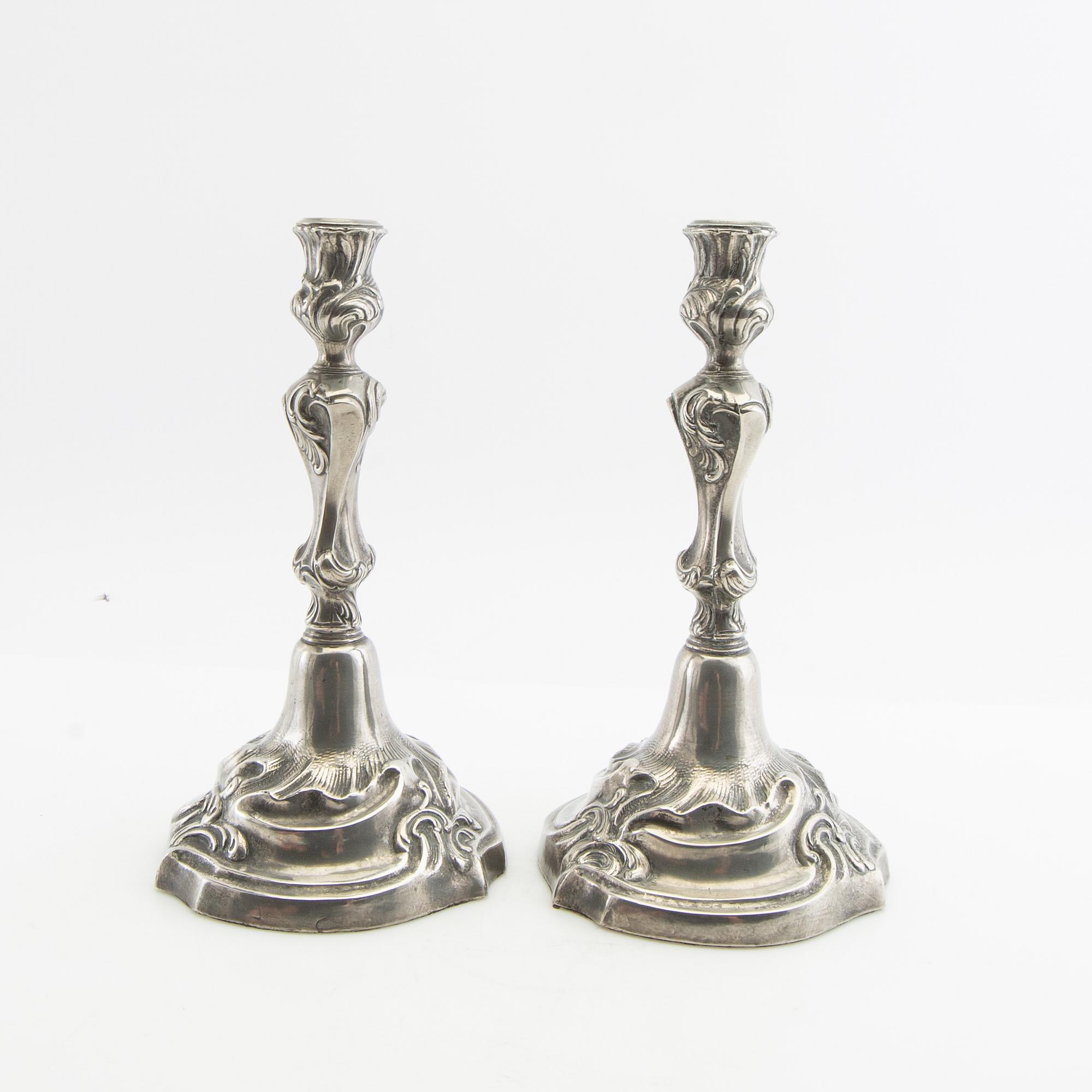Candelabras 2 pairs Rococo-style pewter 20th century.