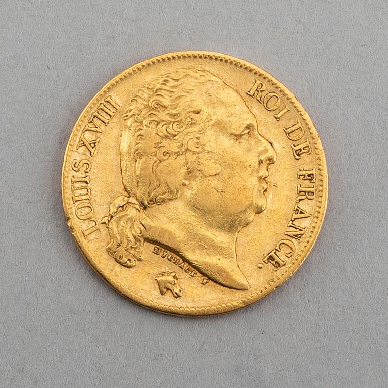 A 1820 gold coin, 20 francs, Louis XVIII, ref KM#712.1.
