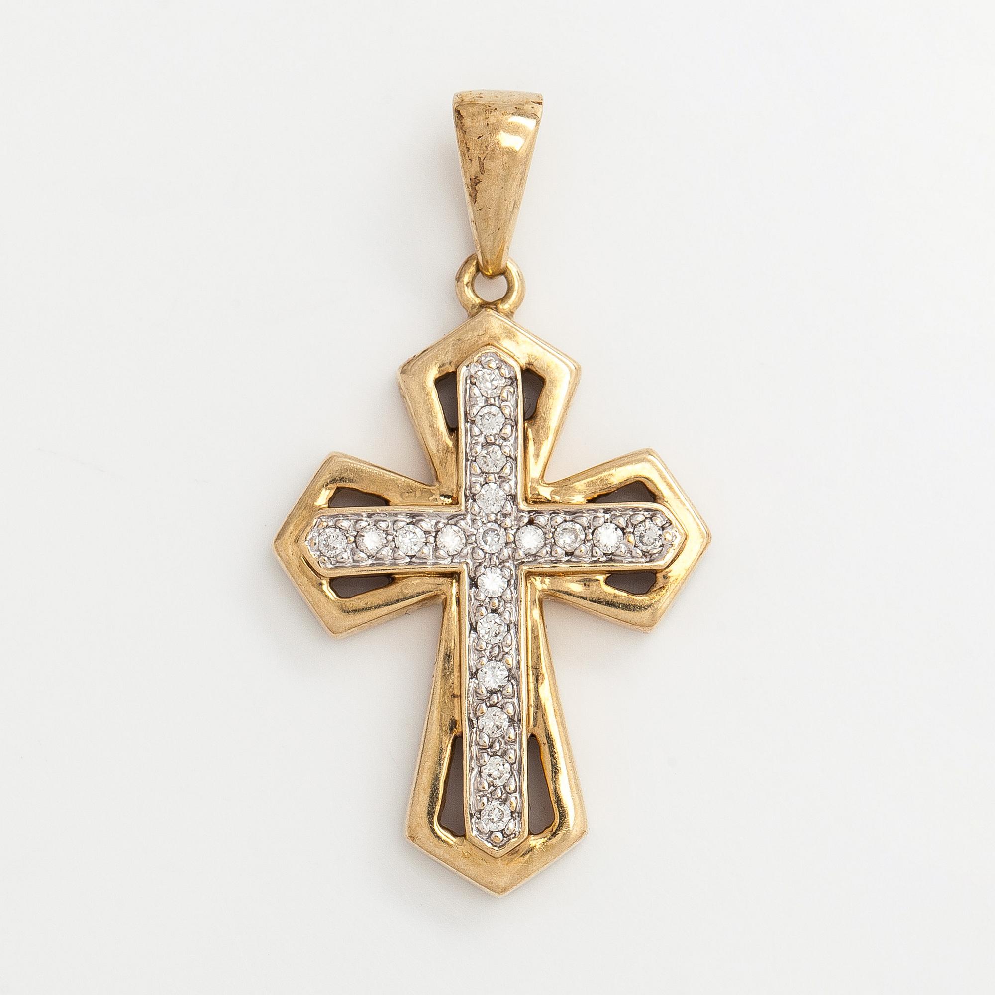 Pendant / cross, brilliant cut diamonds, 14K gold, Kultasydän.