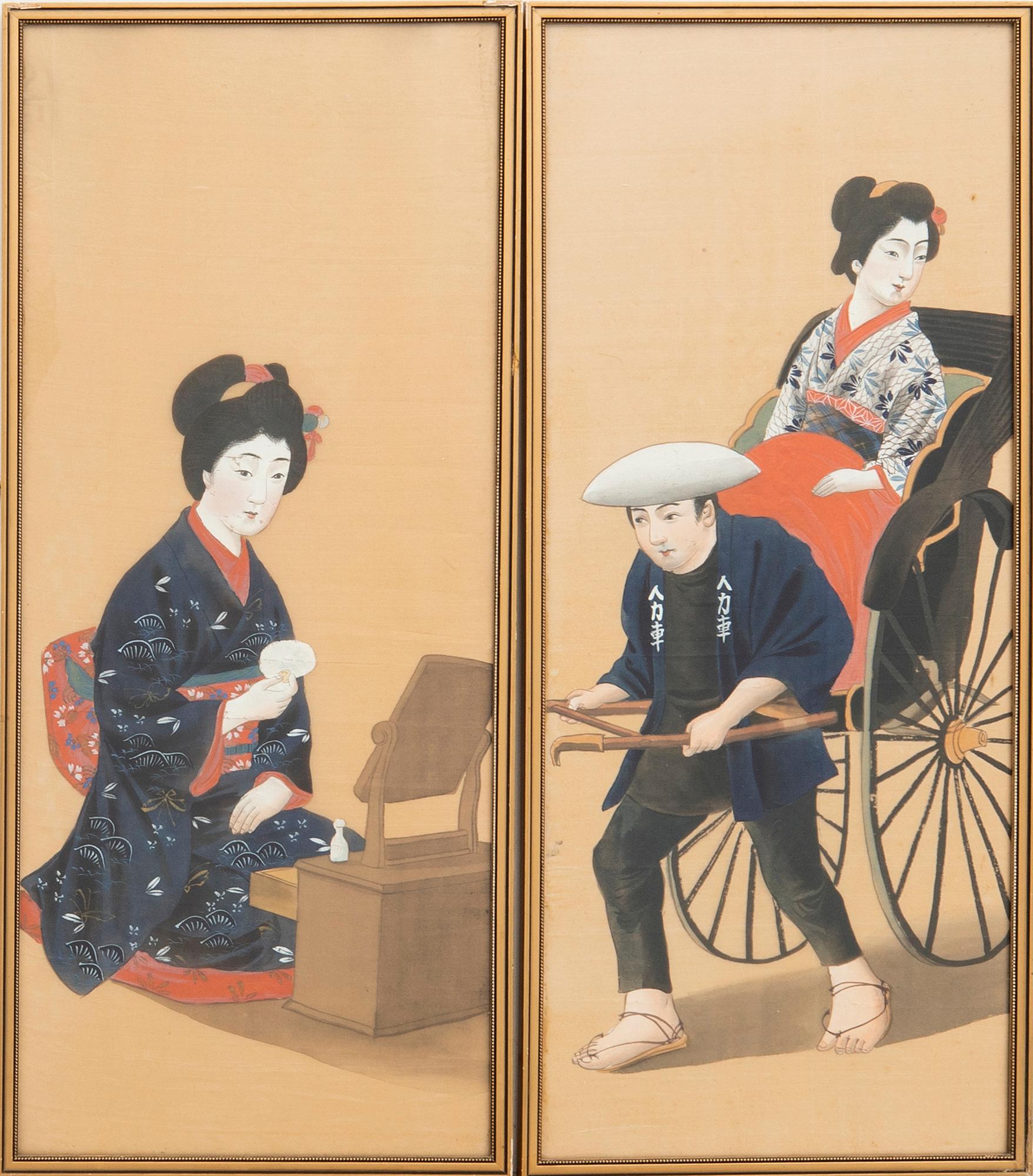 Oidentifierad konstnär, "Geisha vid spegel" och "Geisha i jinrikisha", omkring 1900.