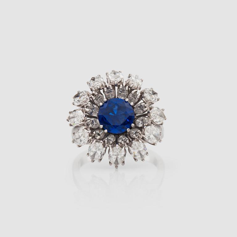 A untreated sapphire, 1.75 cts, and navette-cut diamond, 4.10 cts ring.
