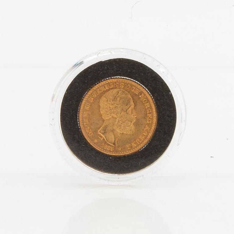 Guldmynt Sverige, Oscar II 10 kr, 1883, stort LA utan punkter.