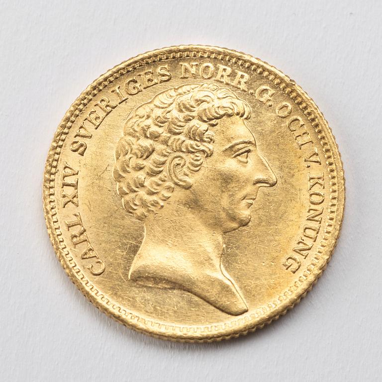 A gold 2 ducat coin Karl XIV Johan of Sweden, 1843.