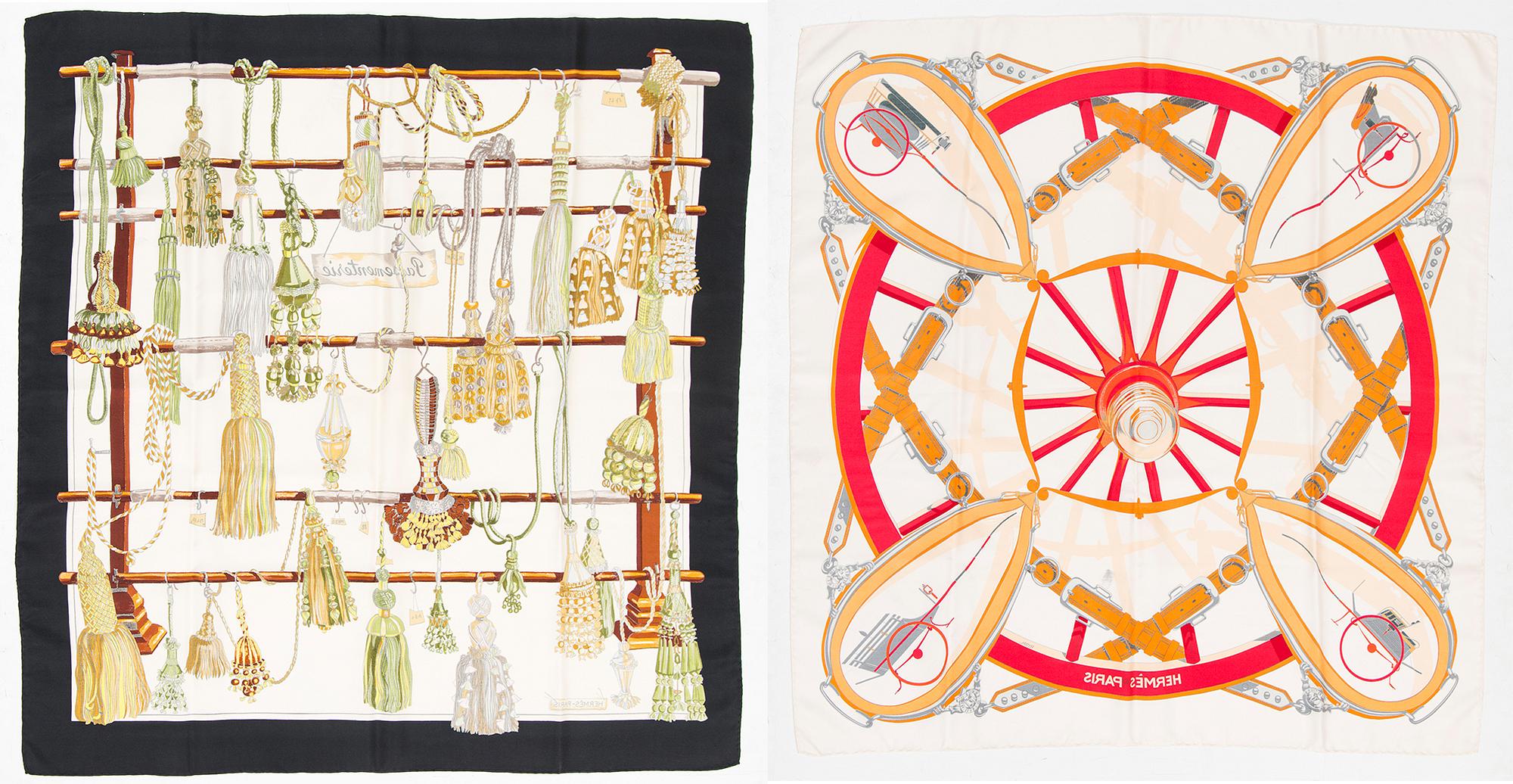 Hermès, two silk scarves, 'Passementerie' and 'Moyeux'.