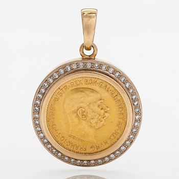 Hänge/mynt, Frans Josef I, Österrike-Ungern, 1910. 20 Corona, ca 21K (.900) och 18K guld samt diamanter.
