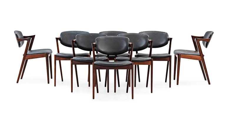 KAI KRISTIANSEN, stolar 8 stycken "model 42", Schou Andersen Møbelfabrik, 1950-60-tal.
