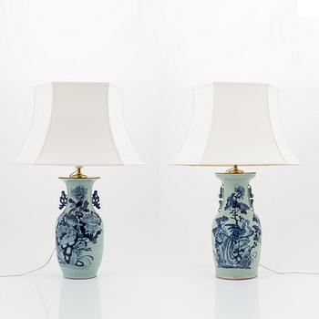 A matched pair of blue and white celadon ground vases moutned as table lamps, China, circa 1900.