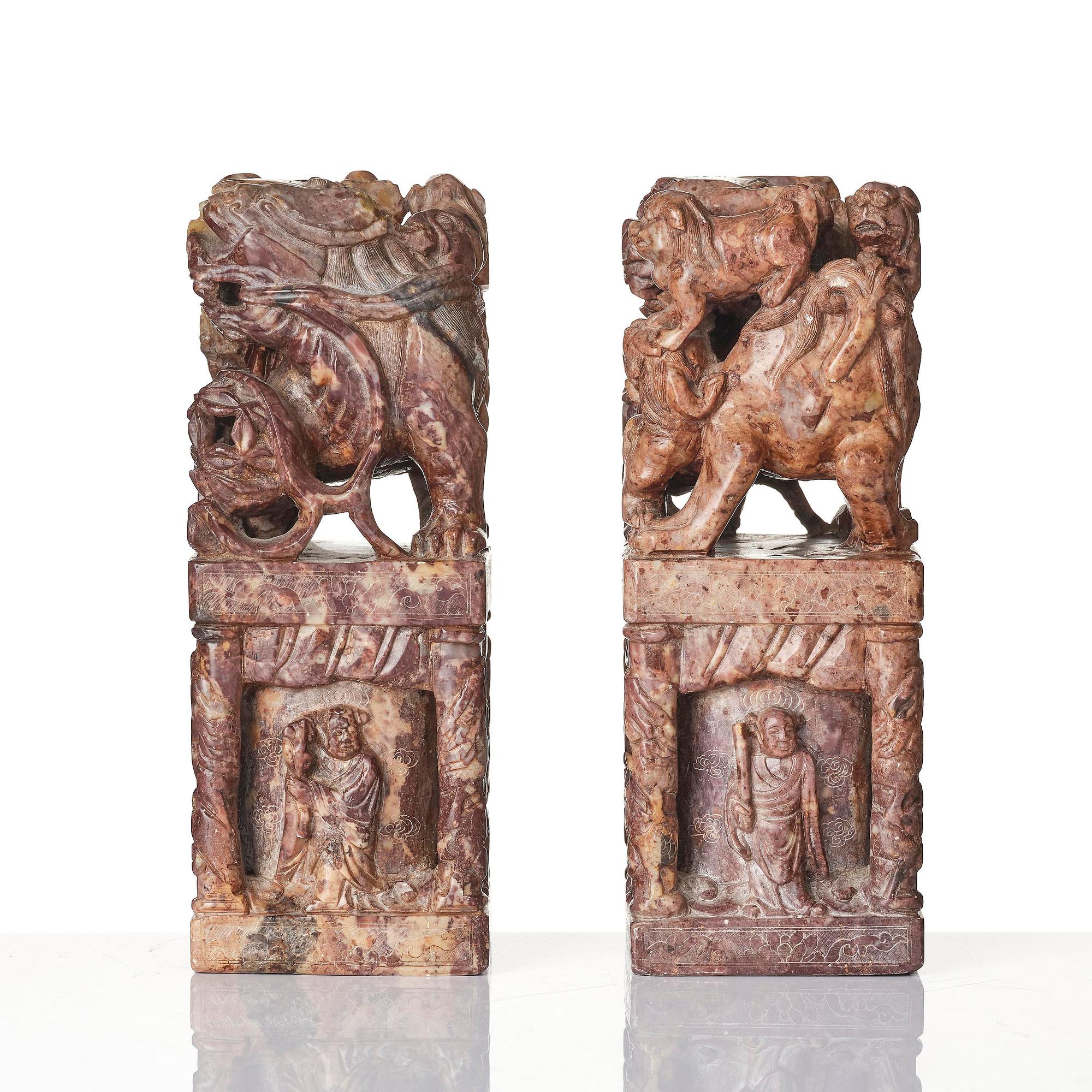 A pair of large soapstone seal stamps, late Qing dynasty/circa 1900.