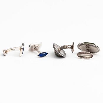 Two pairs of silver cufflinks, one pair with lapis lazuli and one pair with jade.