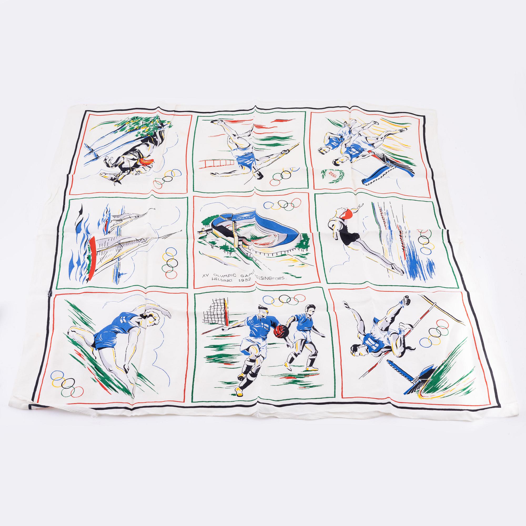 Olympic memorabilia from the summergames of Helsinki 1952: Four Scarves and five handkerchiefs.