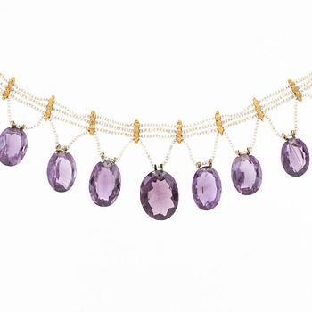 Necklace, 18k gold with amethysts and seed pearls.