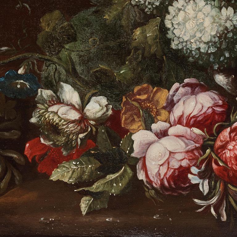 Franz Werner von Tamm & Carlo Maratti, attributed to, Still life with flowers, grapes, and a woman in a landscape.
