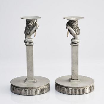 Anna Petrus, a pair of pewter and brass candlesticks, Herman Bergman's foundry, Stockholm, Swedish Grace, early 1920s.