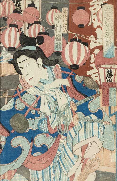 Kuniume Utagawa (active 1866-1883), triptych, Kabuki actors surrounded by lanterns.