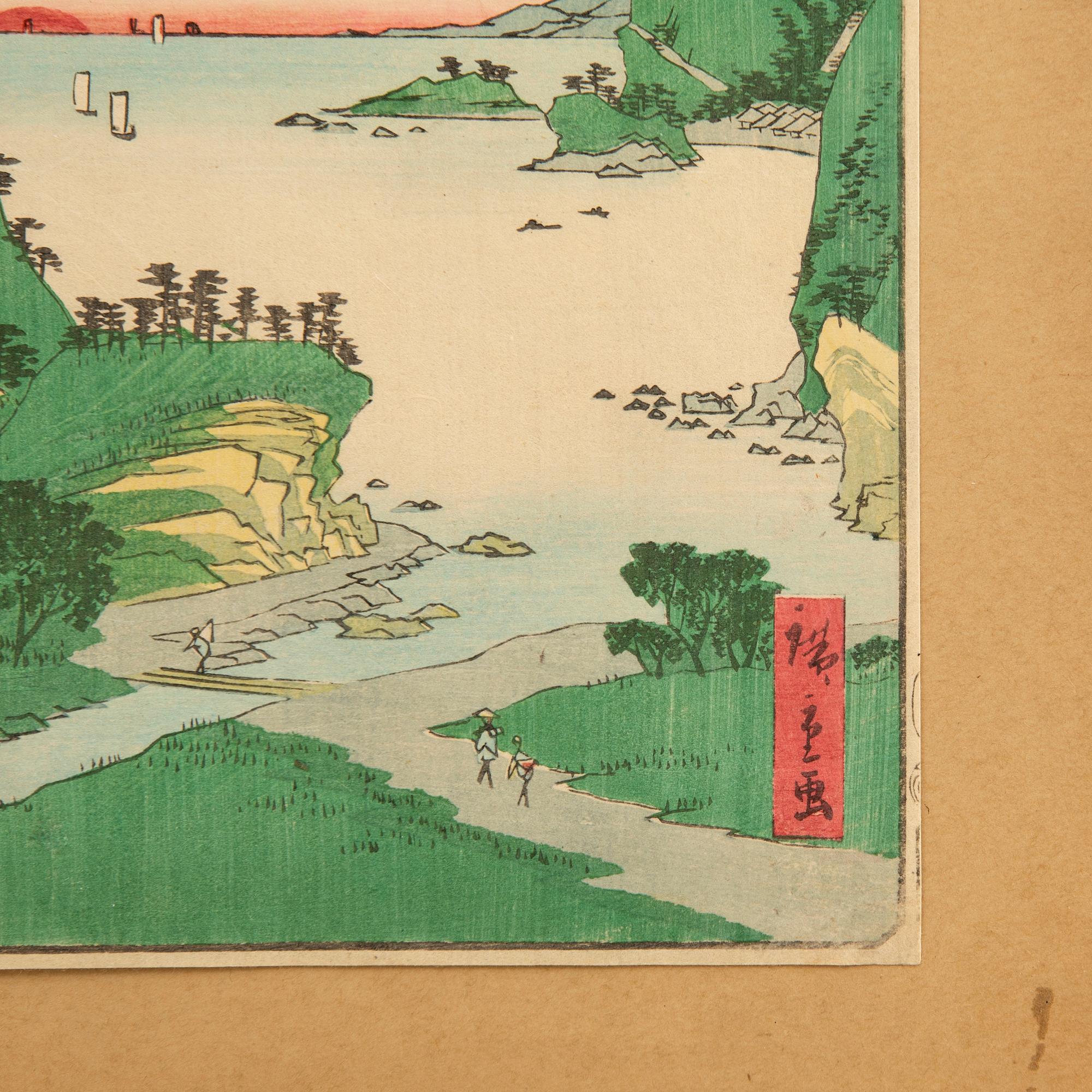 Ando Hiroshige efter, två träsnitt, 1800- / 1900-tal.