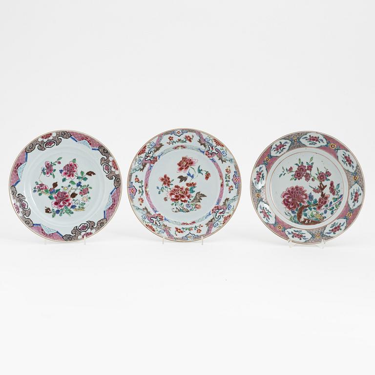 A group of nine Chinese famille rose porcelain plates, Qing dynasty, Yongzheng (1723-35) and Qianlong (1736-95).