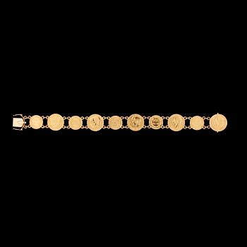 75. A Spanish gold coin bracelet, weith 28 g.