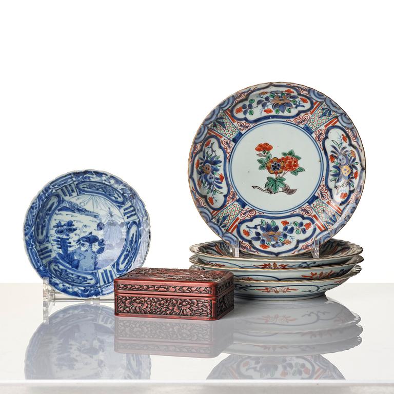 A set of four imari dishes, a blue and white bowl and a Japanese lacker box, Meiji period (!868-1912).
