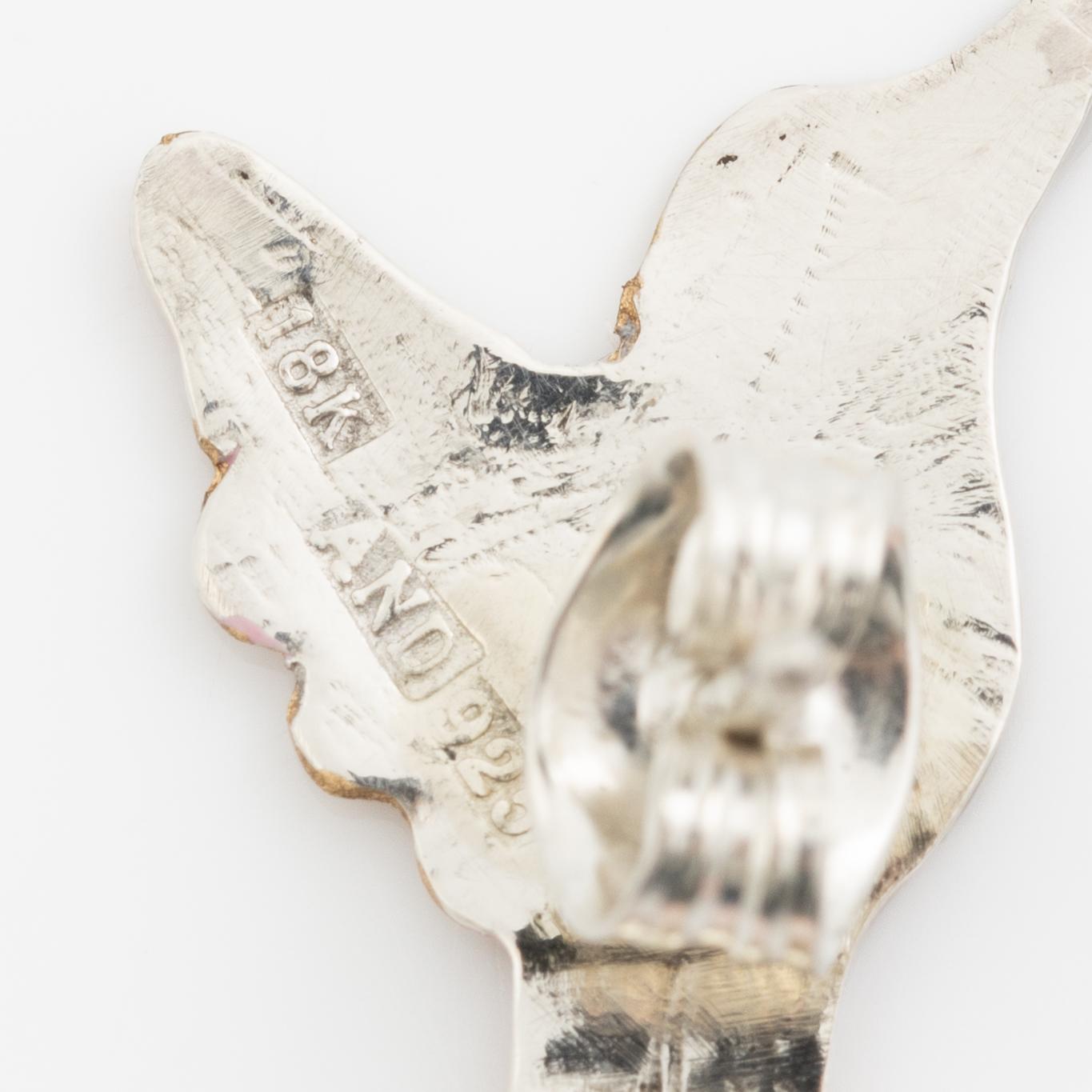 Earrings, Mandelstam, in the form of a hummingbird, silver and 18K gold, enamel and pink opals.