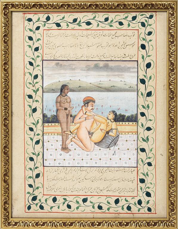 Unidentified artist, Erotic scenes in palace interiors, India, 19/20th century. Two paintings.