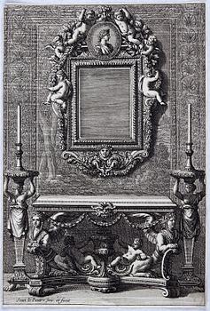 A presumably Dutch Louis XIV carved giltwood frame with mirror glass, in the style of Jean Le Pautre, late 17th century.