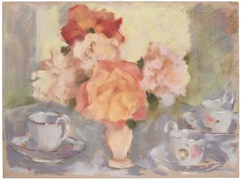 769. Lotte Laserstein, Still life with flowers and china.