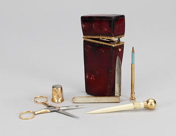 A 19th cent small gold and leather sew case, marks of Jöns P. Möller, Helsingborg 1807-31.
