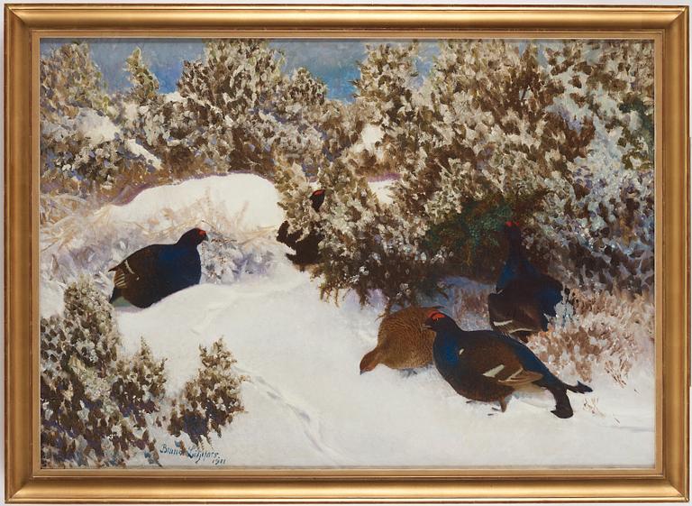 Bruno Liljefors, Winter landscape with black grouse.