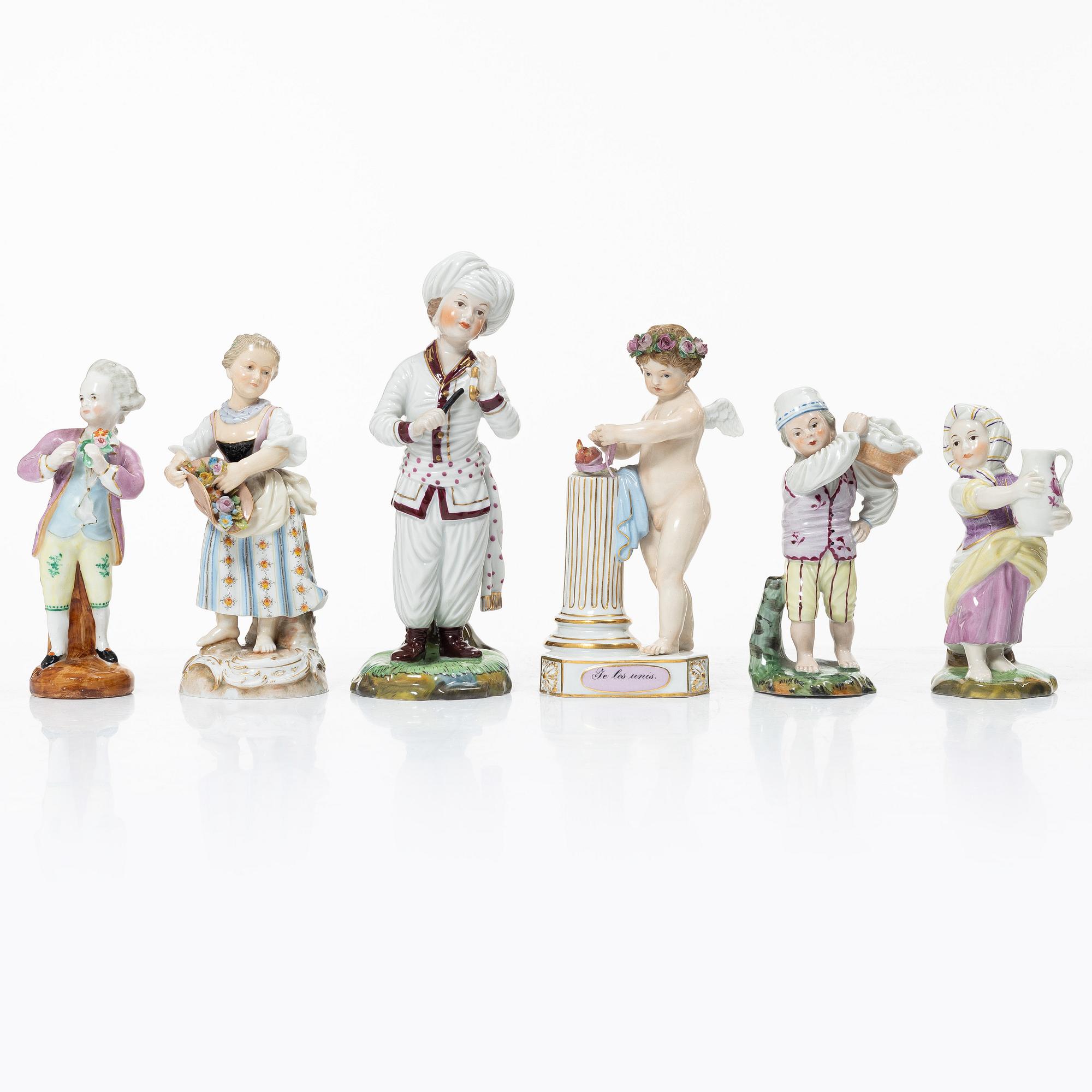 Six porcelain figurines, including Meissen and Höscht, Germany, 19th-20th century.