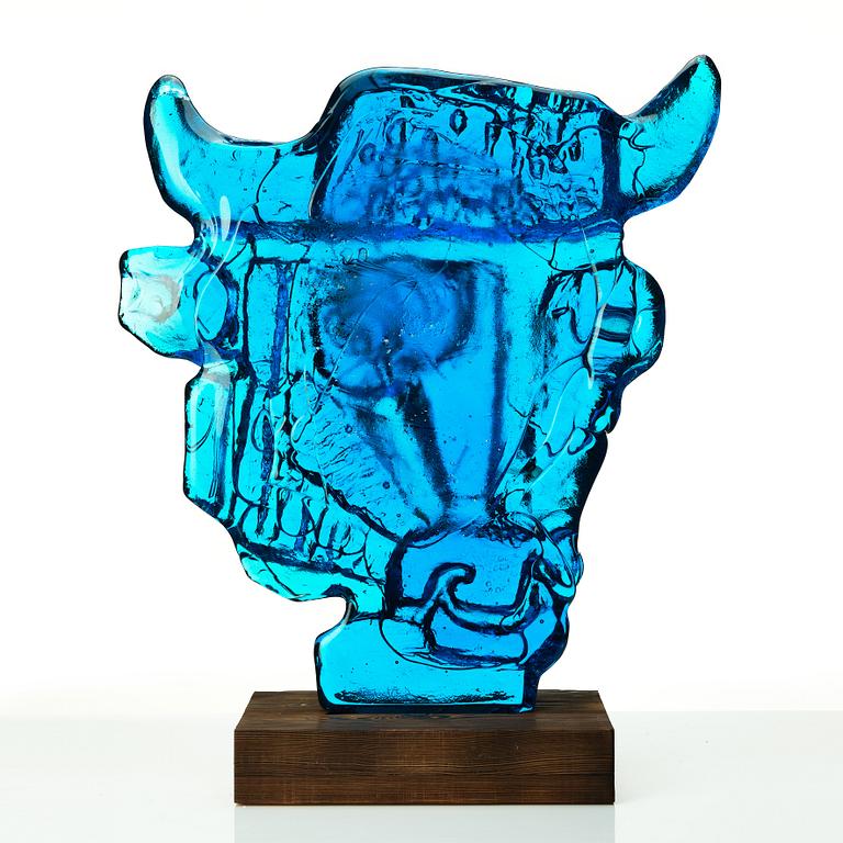 Edvin Öhrström, a blue/ turquoise coloured cast glass sculpture of a bull's head, Lindshammar glassworks, Sweden, signed and dated 1953.