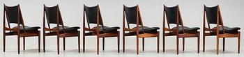 Finn Juhl, A set of six Finn Juhl 'Egyptian Chairs' in rosewood and black original upholstery, by Niels Vodder, Denmark 1950-60's.