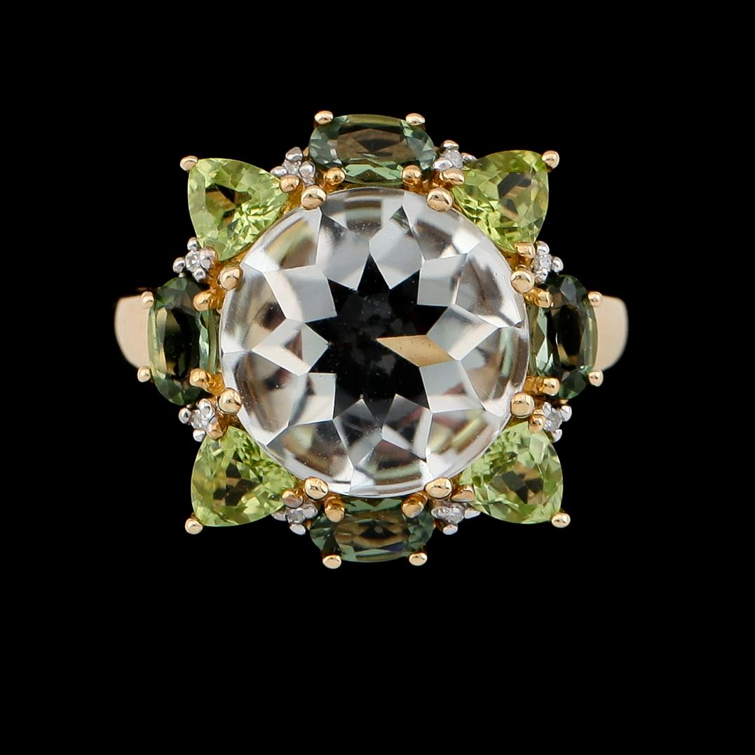 RING, 10K guld, turmaliner och peridoter.