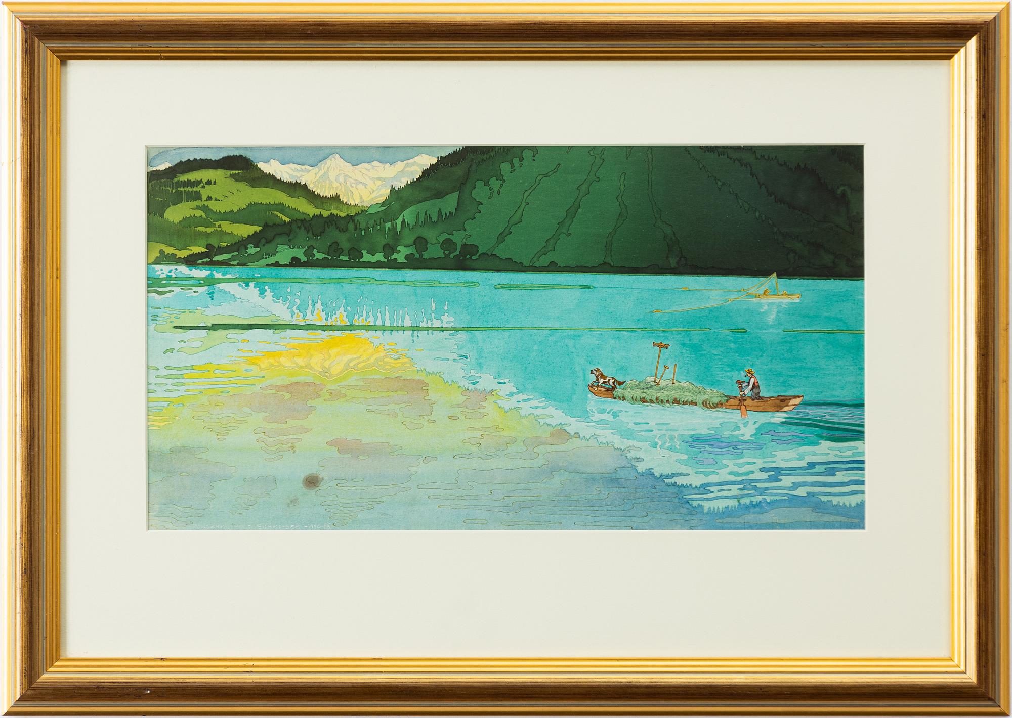 Carl Johan Forsberg, Alpine landscape with man and dog in a boat.