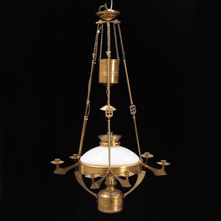 A brass paraffine pendant lamp, late 20th Century.