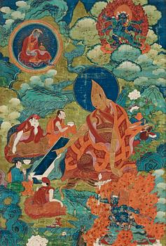 112. THANGKA, Tibet, 1800-tal. Porträtt av Dalai Lama sittande med lärjeungar i ett molnigt bergslandskap.