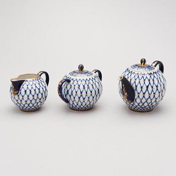 A 9-piece 'Cobalt net' porcelain tea set from Lomonosov, USSR.