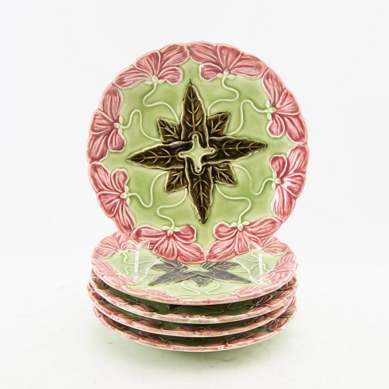 cake stands 2 pcs and plates 5 pcs Art Nouveau early 20th century majolica.